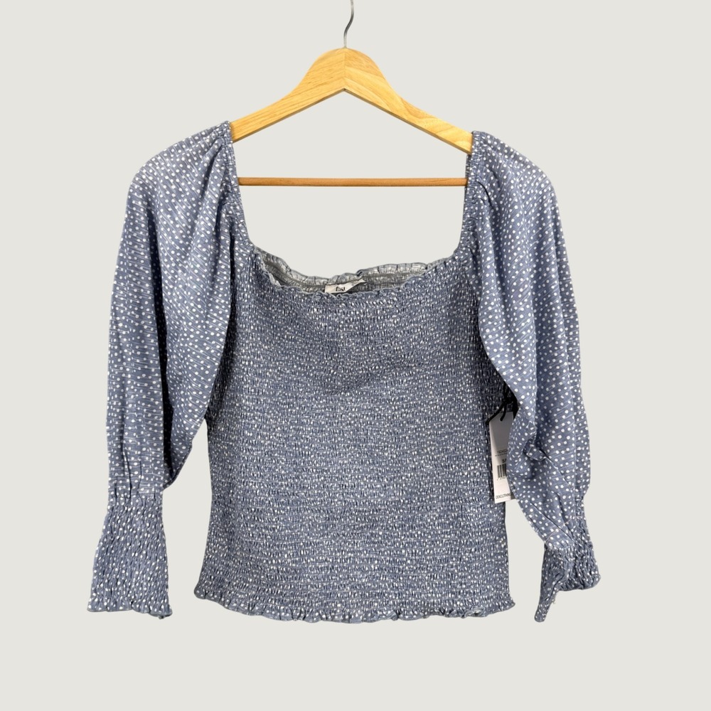 Dex Smocked Top Small Sky Blue Polka Dot Long Sleeve Square Neck Cotton New